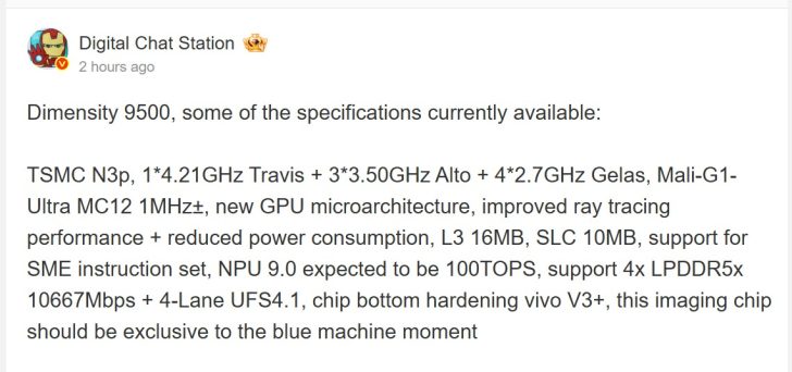 Dimensity 9Dimensity 9500 partial specifications shared by tipster 500 specs include TSMC N3p, Mali-G1-Ultra MC12 1MHz±, NPU 9.0, and 4-Lane UFS4.1.