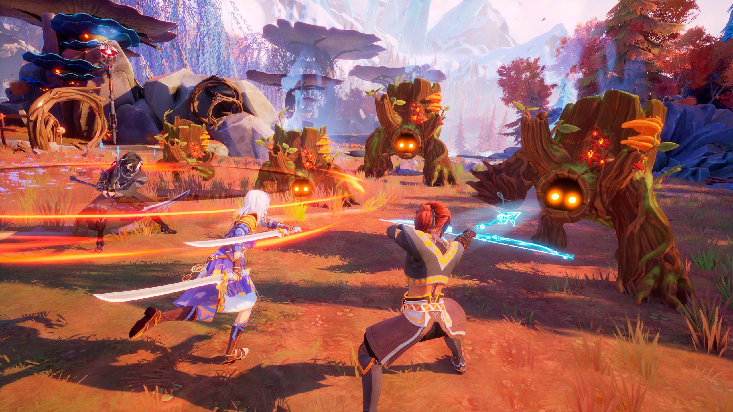 Fantasy game characters with glowing swords battle tree-like enemies in an enchanted forest setting.