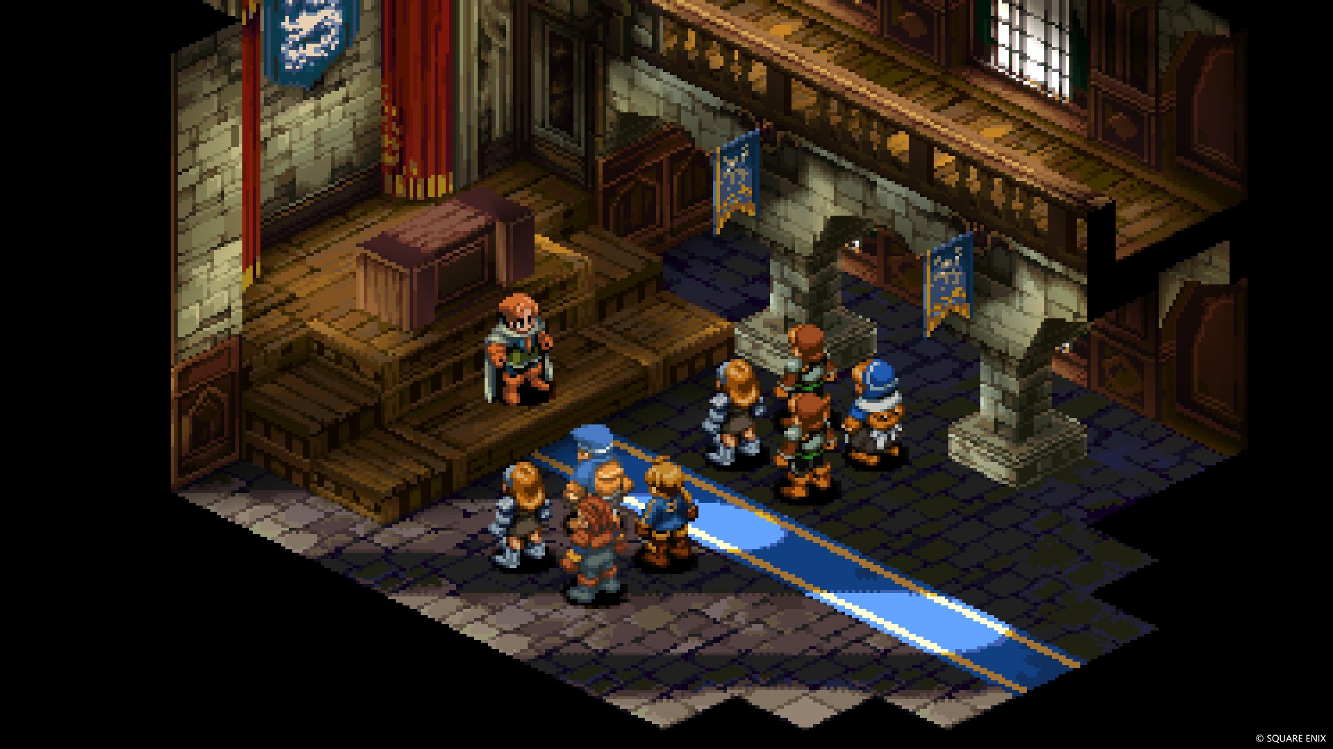 Square Enix characters gather in a stone room with banners and a stage.