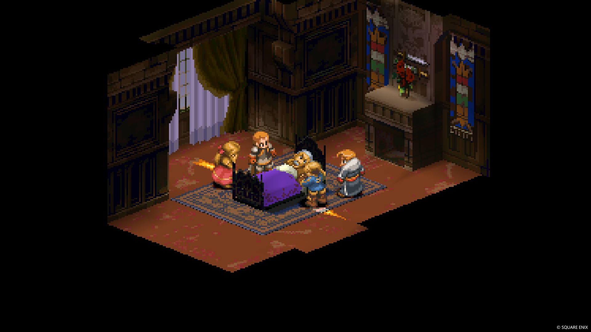 Square Enix scene with pixel art characters around a bed in a dimly lit room.