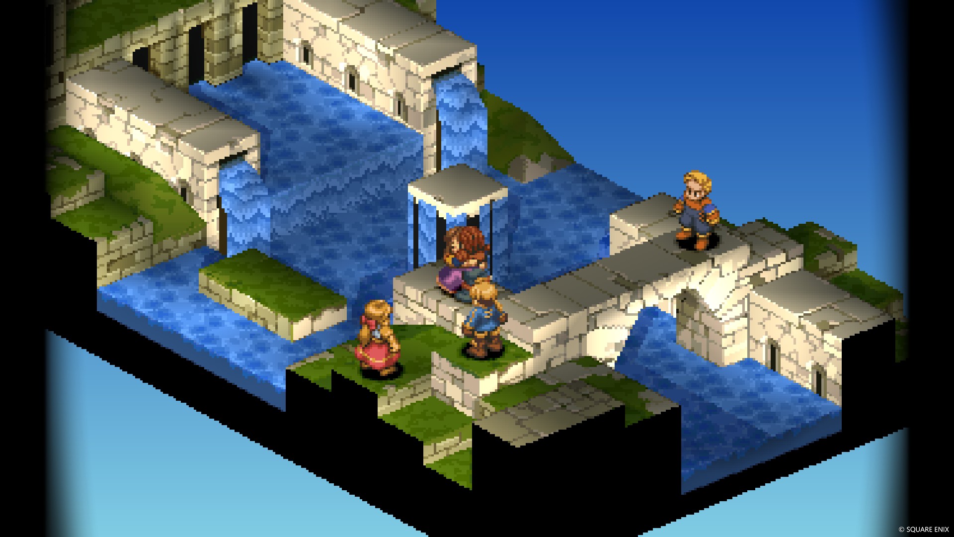 Square Enix gameplay scene with characters on a stone bridge and flowing water below.
