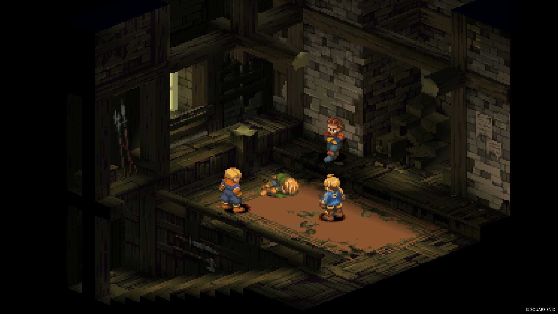 Square Enix pixel art scene with four characters in a dimly lit medieval interior.