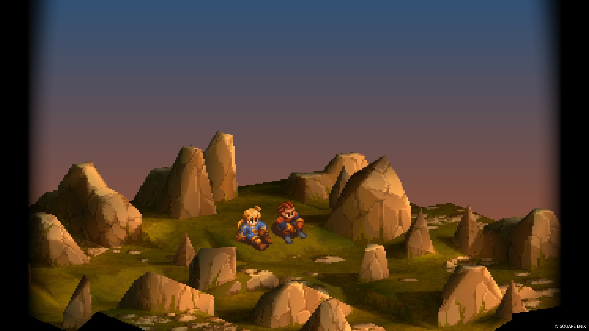 Two characters sit on a rocky landscape, with © SQUARE ENIX visible in the corner.