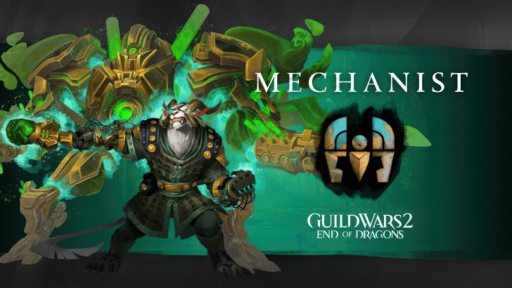 Mechanist and mech in Guild Wars 2 End of Dragons are prominently featured with glowing green effects.