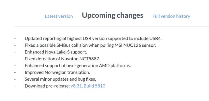 On-screen text lists upcoming changes with v8.31, Build 5810 pre-release download link.