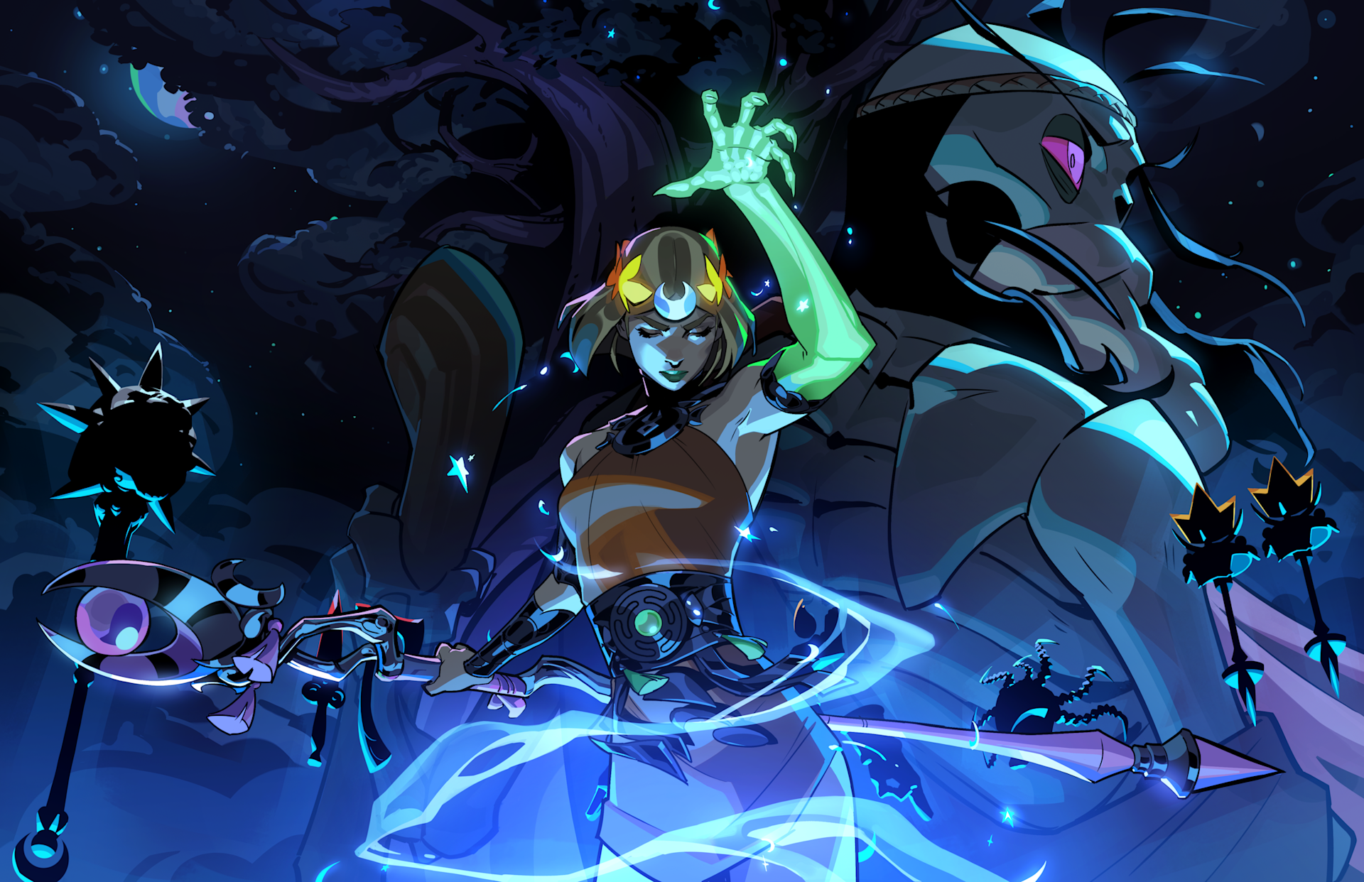 Animated character with a glowing arm and staff stands in front of a large, shadowy figure at night.