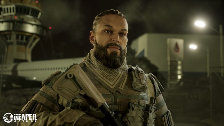 Reaper Actual logo on screen with soldier in camouflage in front of airplane and airport tower.