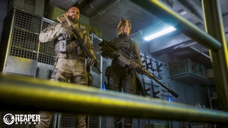 Two people in tactical gear holding rifles in a weapon storage room with REAPER ACTUAL logo in the bottom left.