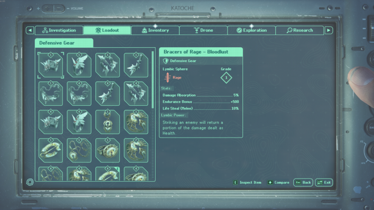 Katoche device displaying “Bracers of Rage – Bloodlust” under Defensive Gear tab in a game inventory interface.
