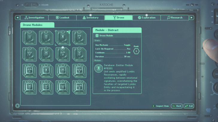 Katoche screen showing Drone Modules with Module - Distract details, including Rank 1 and Cooldown 1:00.