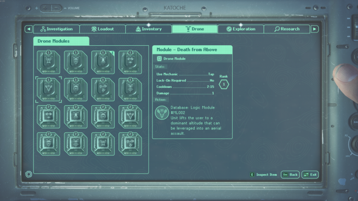 Katoche interface displaying Drone Modules with selected Module - Whirlwind and stats on screen.