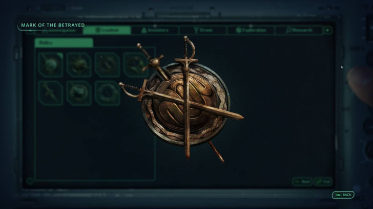 Mark of the Betrayed text on screen with a sword and shield emblem.