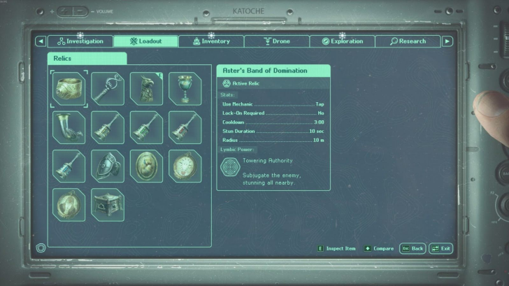 Katoche tablet screen displaying Aster's Band of Domination stats under the Loadout menu.