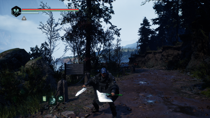 Video game scene with character holding weapons and a health bar in the forest.