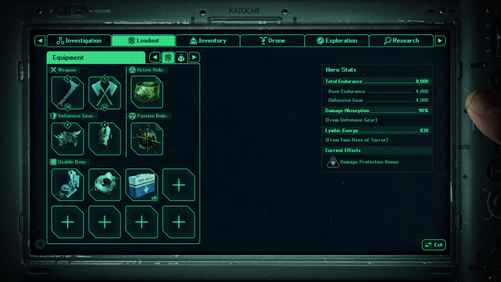Katoche game interface showing Equipment and Hero Stats menu with details on weapons, gear, and Current Effects.