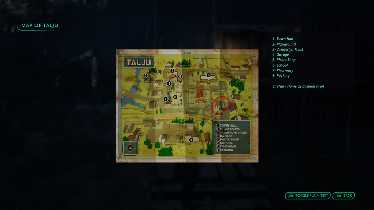 Map of Talju on screen, locations include Town Hall, Playground, Vanderlyn Trust, with Home of Caspian Fran circled.