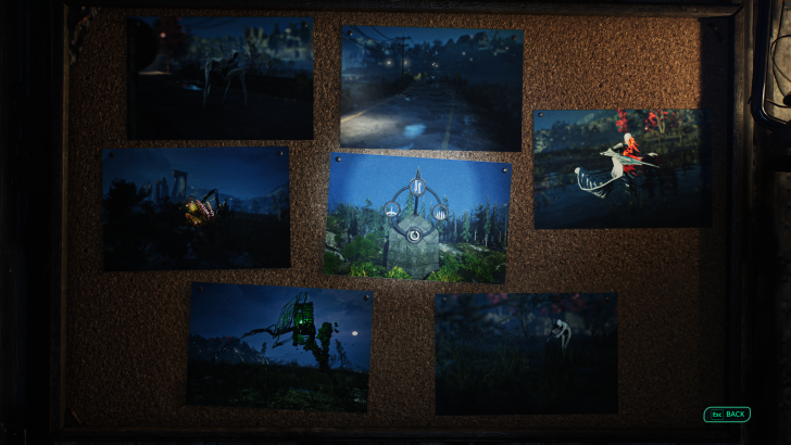 Corkboard displaying various creature photos in a video game setting, with “ESC BACK” in green text at the bottom right.