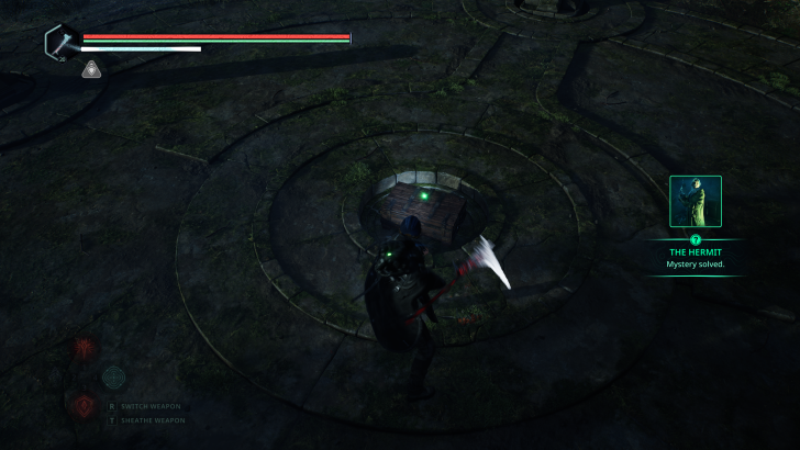 Character stands over a chest in a game with text THE HERMIT Mystery solved on screen.