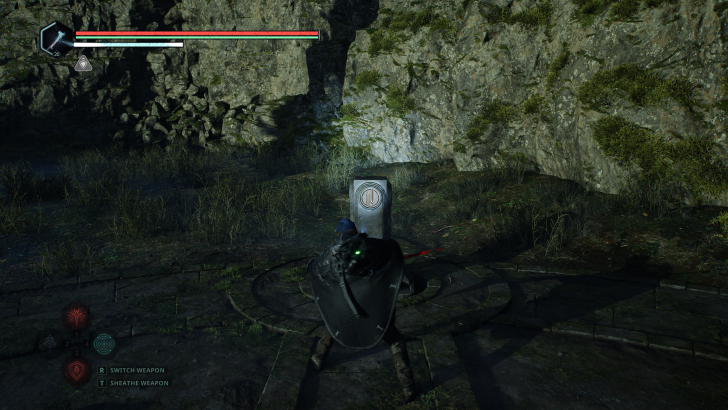 A character in a dark cloak stands on a stone path in a game scene with Switch Weapon and Sheathe Weapon options displayed.
