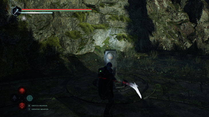 Character wielding a weapon near a stone structure in a forest, with SWITCH WEAPON and SHEATHE WEAPON on the UI.