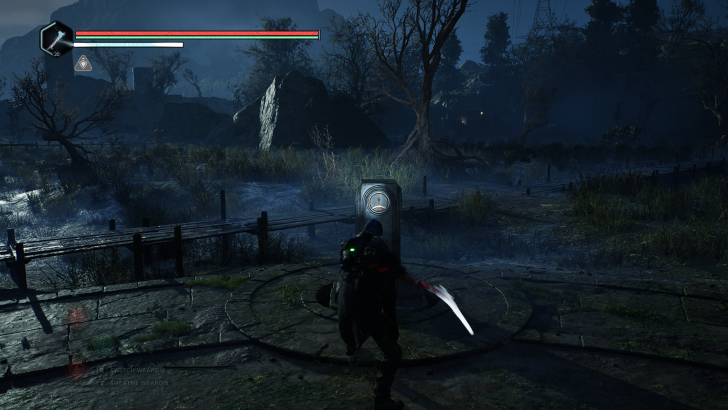 Video game character with sword in a dark landscape, HUD shows health and stamina bars.