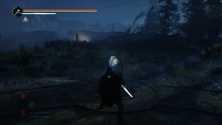 Character with sword facing a glowing panel in a dark forest scene with switch weapon and sheathe weapon options visible.