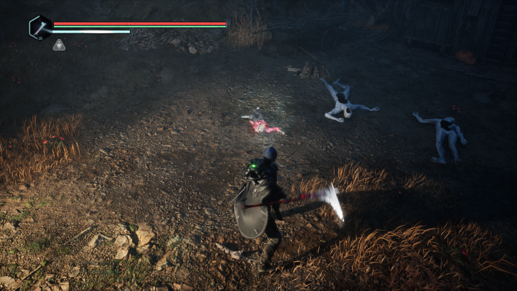 Video game scene with a character wielding a weapon, displaying health bars at top left.