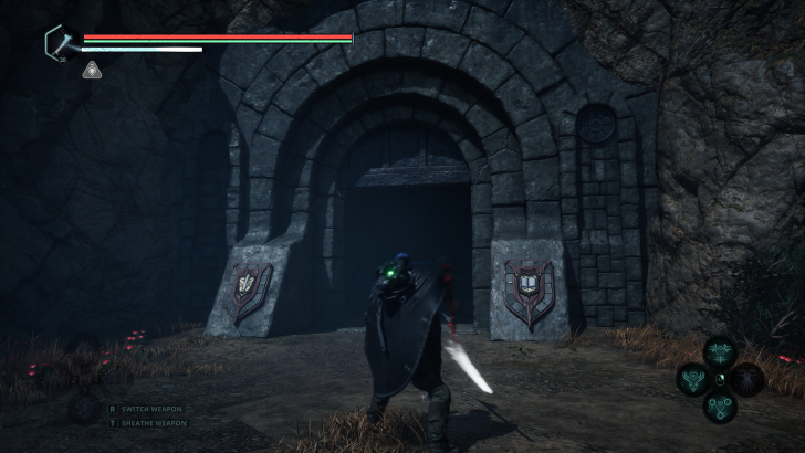 A character stands with a glowing sword in front of a dungeon entrance, with R Switch Weapon and T Sheathe Weapon options visible.