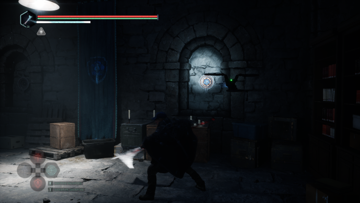 A video game scene shows a battle UI with R switch weapon and T sheathe weapon text in a dimly lit stone room.