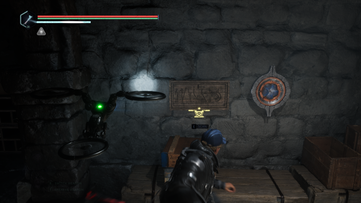 Drone with green light scanning a wall with “VISITS” sign and scan prompt reads “E SCAN” in a dimly lit stone room.