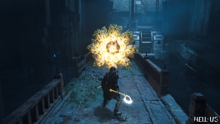 A character battles an explosion on a stone bridge in the game HELL is US, visible in the bottom right corner.