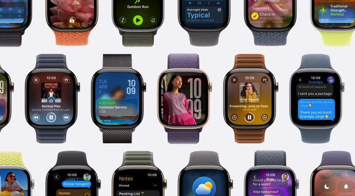 Apple Watches displaying various apps and features, including music, messaging, and notes with diverse watch faces and bands.