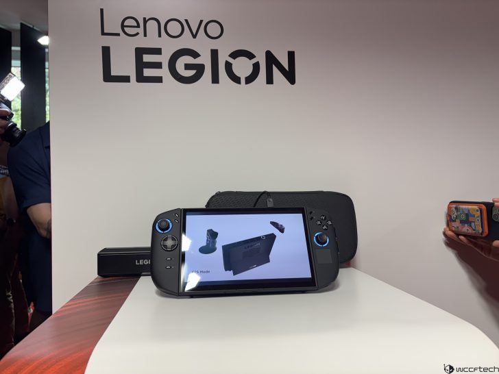 Lenovo Legion handheld gaming device on display with screen showing FPS Mode.