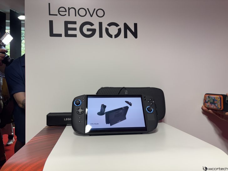 Lenovo Legion handheld device displaying “FPS Mode” on a white tabletop.