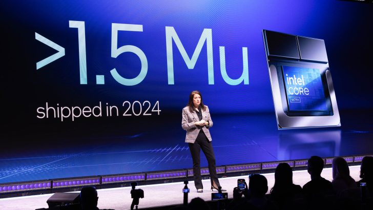 >1.5 Mu shipped in 2024 on screen with Intel Core Ultra chip during presentation.