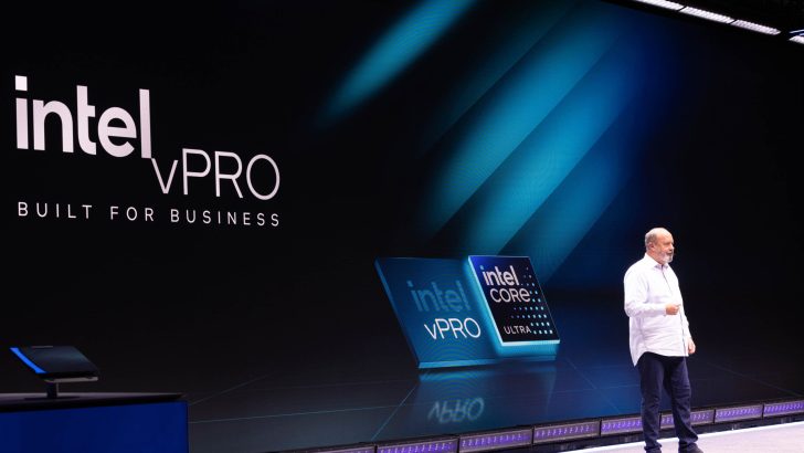 Intel vPRO and intel Core Ultra logos displayed on stage alongside “BUILT FOR BUSINESS” slogan.