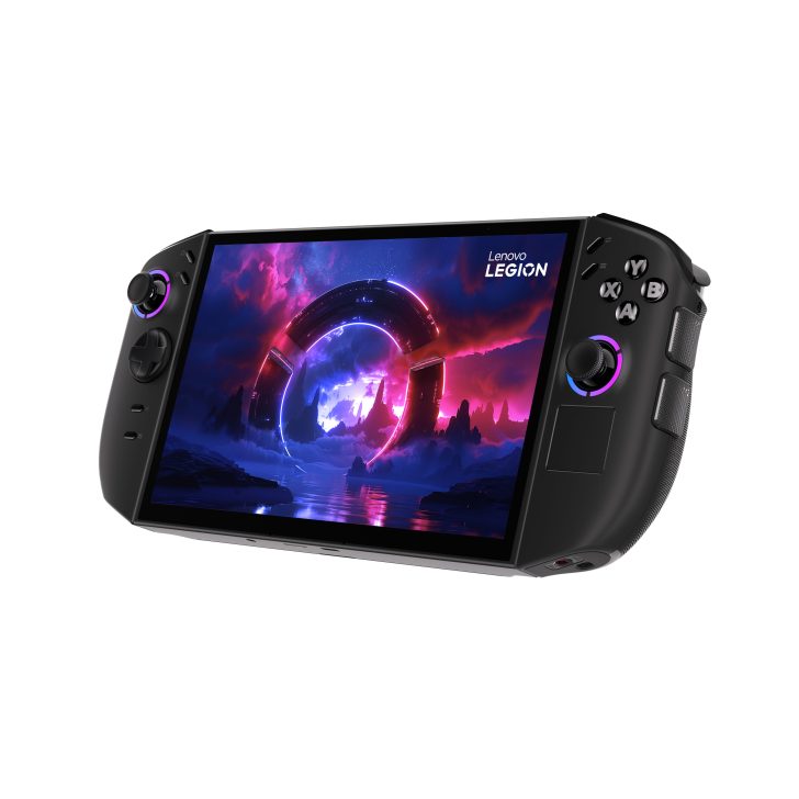 Lenovo Legion handheld gaming console with colorful game screen.