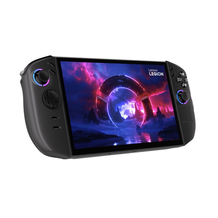 Lenovo Legion handheld gaming console with colorful game screen.