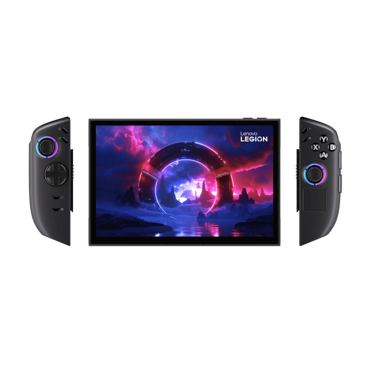 Lenovo Legion gaming device with detached controllers on a futuristic-themed screen.