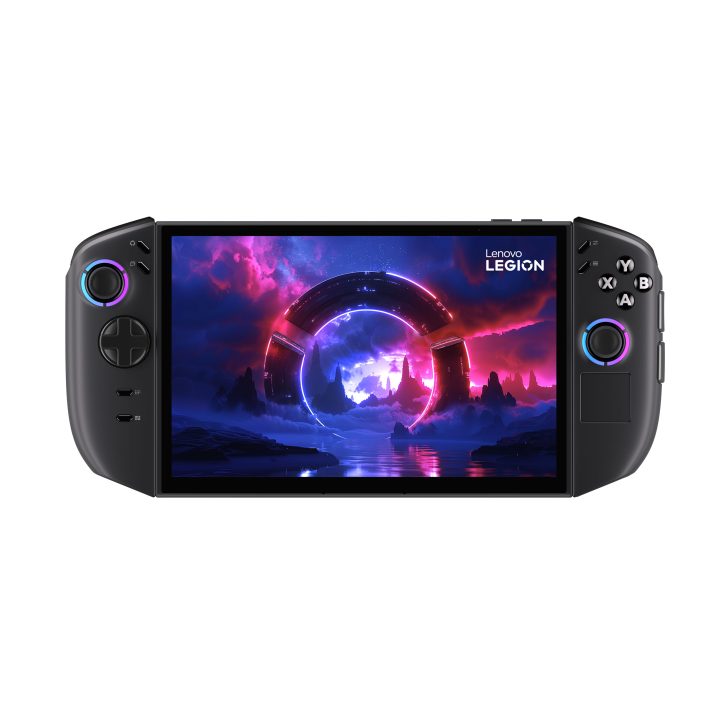 Lenovo Legion handheld gaming device with colorful game screen and controls visible.