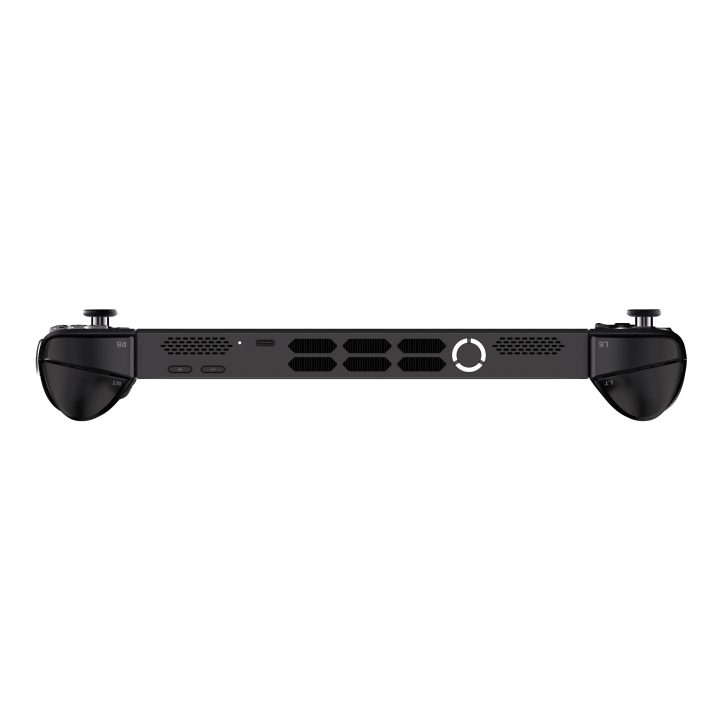 Unbranded black handheld gaming console with vent designs, visible buttons, and side grips.
