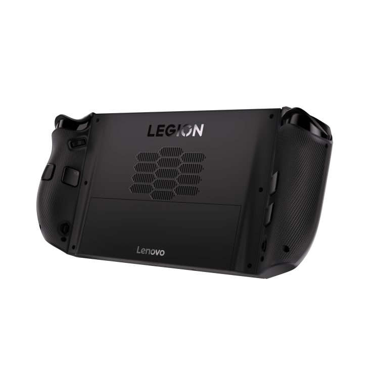 Lenovo Legion gaming console back view with vent and button details.