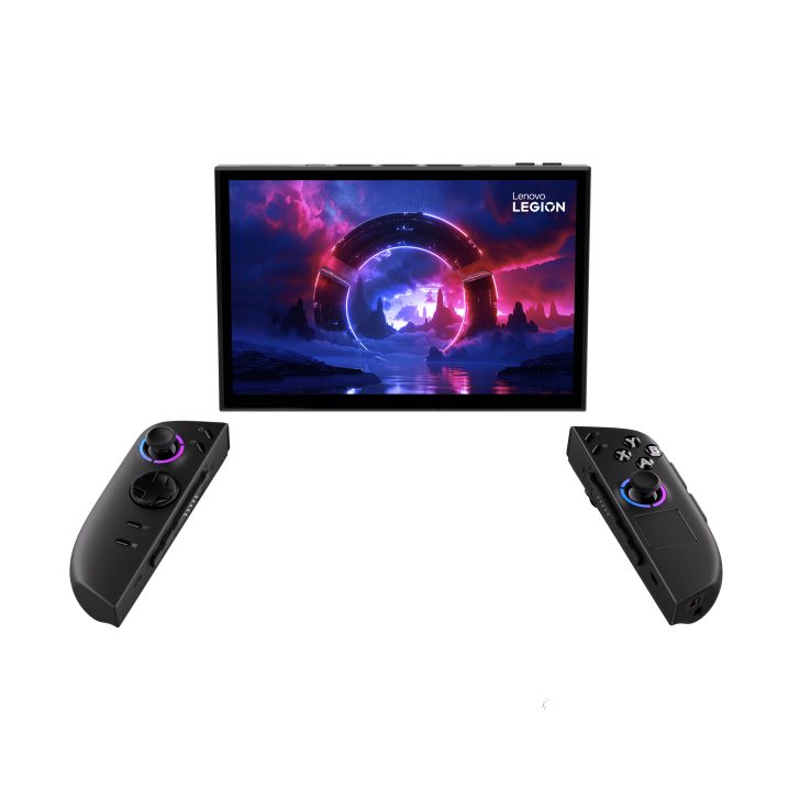 Lenovo Legion portable gaming console with two detachable controllers and a vivid sci-fi screen.