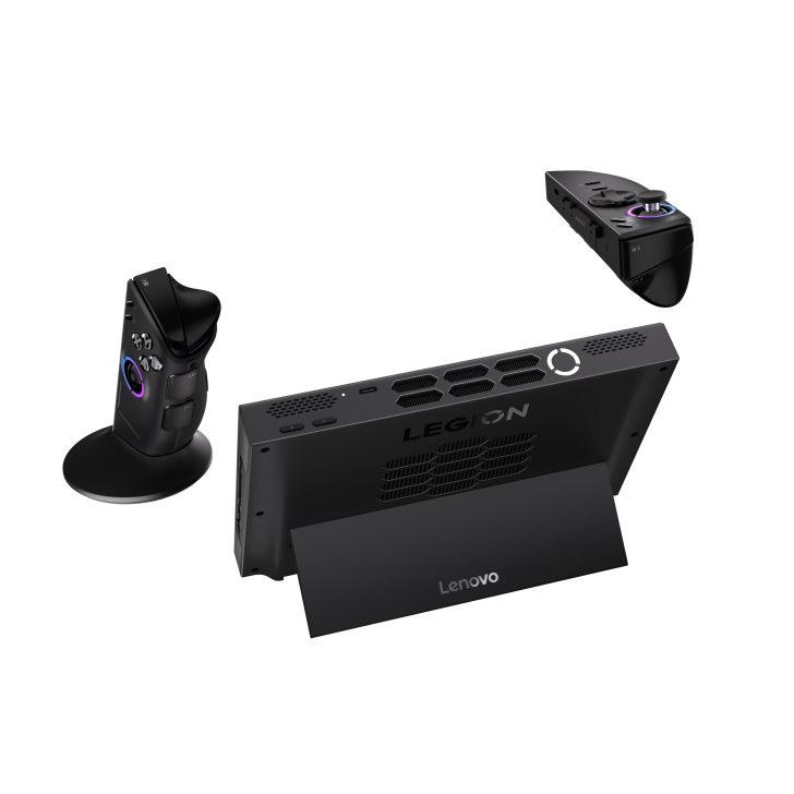 Lenovo Legion device with controllers on stands, branding visible.