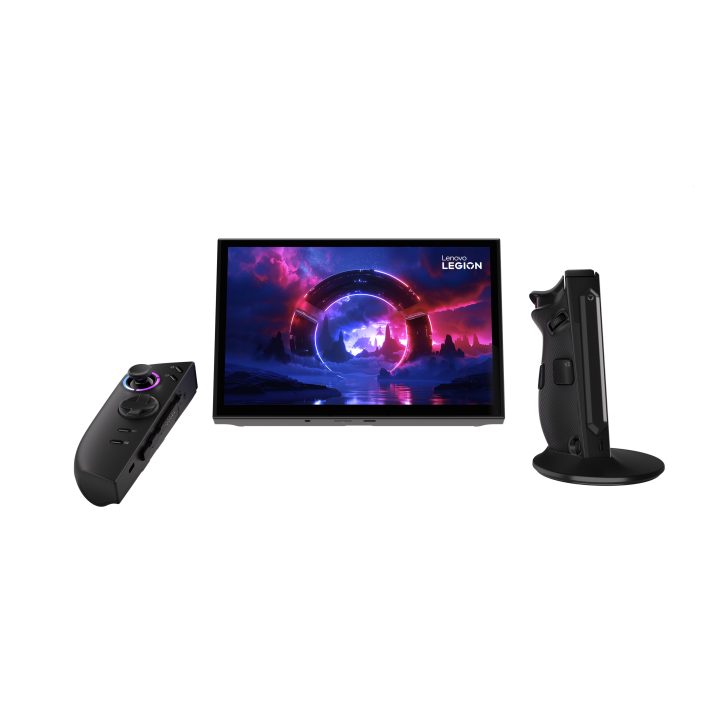 Lenovo Legion tablet showing futuristic game scene with two gaming controllers beside it.