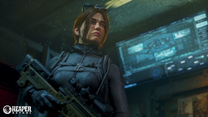 Person in tactical gear holding a weapon with REAPER ACTUAL logo on screen in a dimly lit control room.