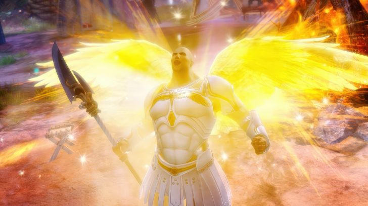 Armored figure with golden wings holding a spear in a vibrant fantasy setting.