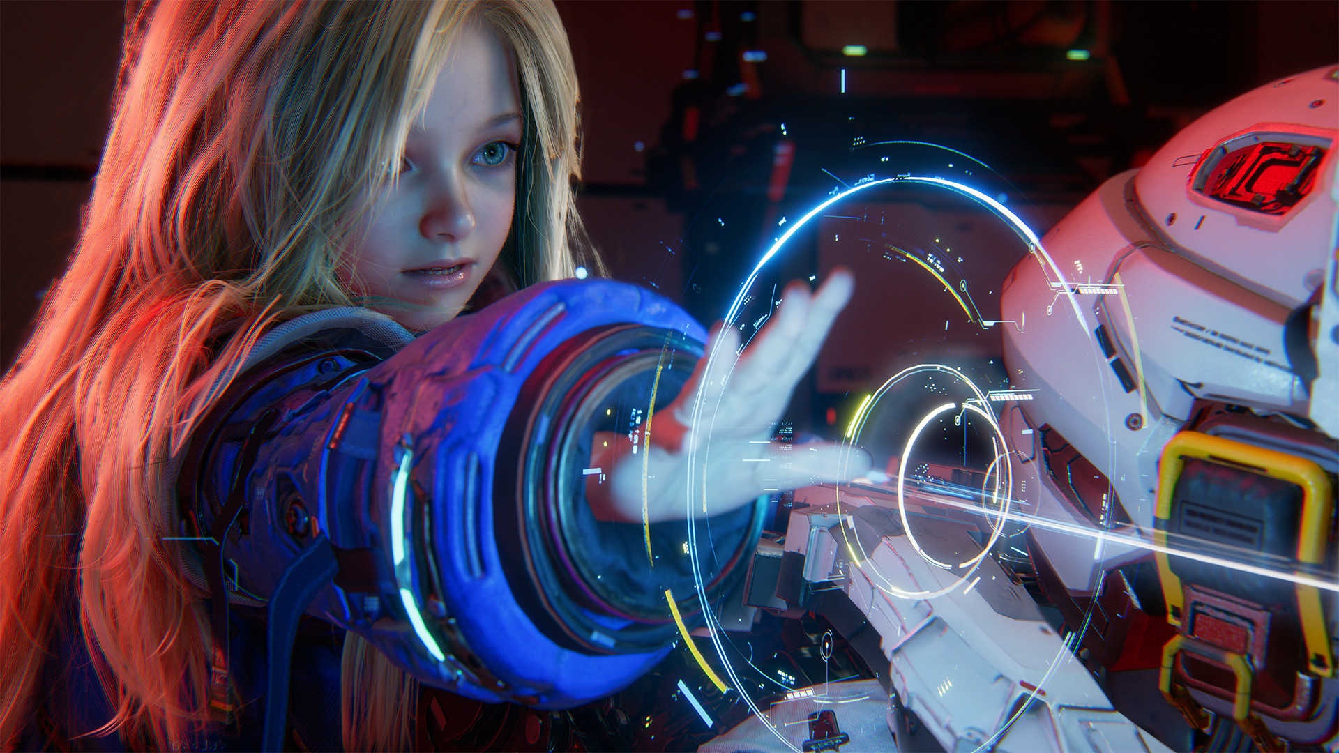Dana hacking an enemy in Pragmata