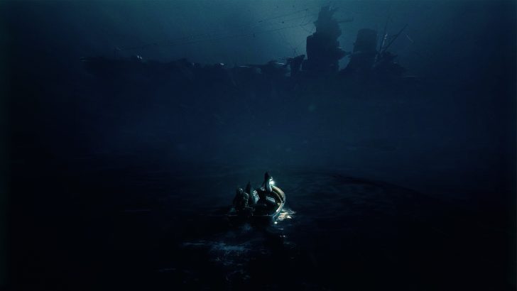 Unbranded small boat in dark waters near a large, silhouetted shipwreck.