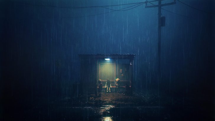 People sheltered under a dimly lit structure in heavy rain at night.